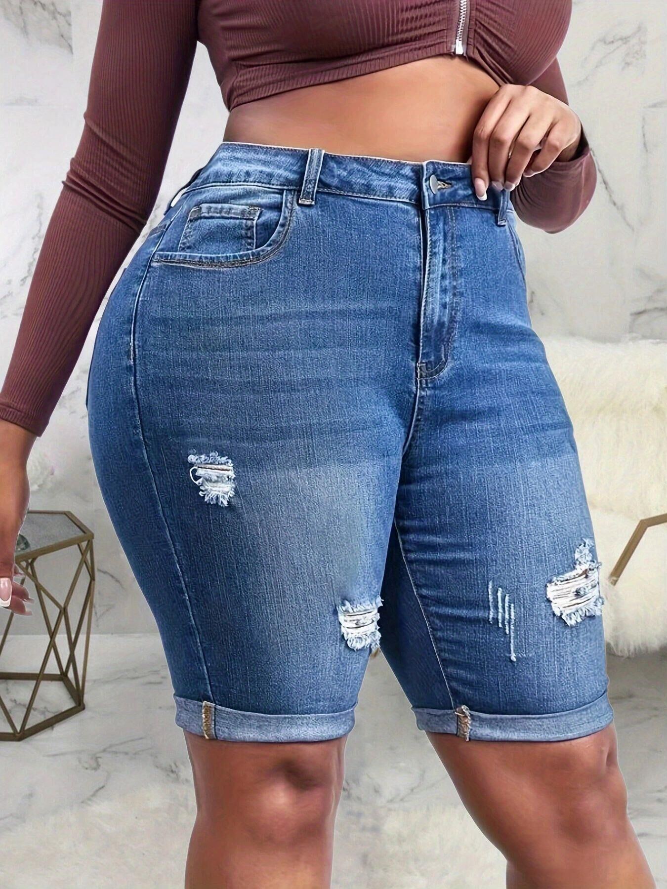   Cross-Border Supply 2023 Summer European and American ndependent Station New Ripped Curling arge Size Denim Shorts Elastic