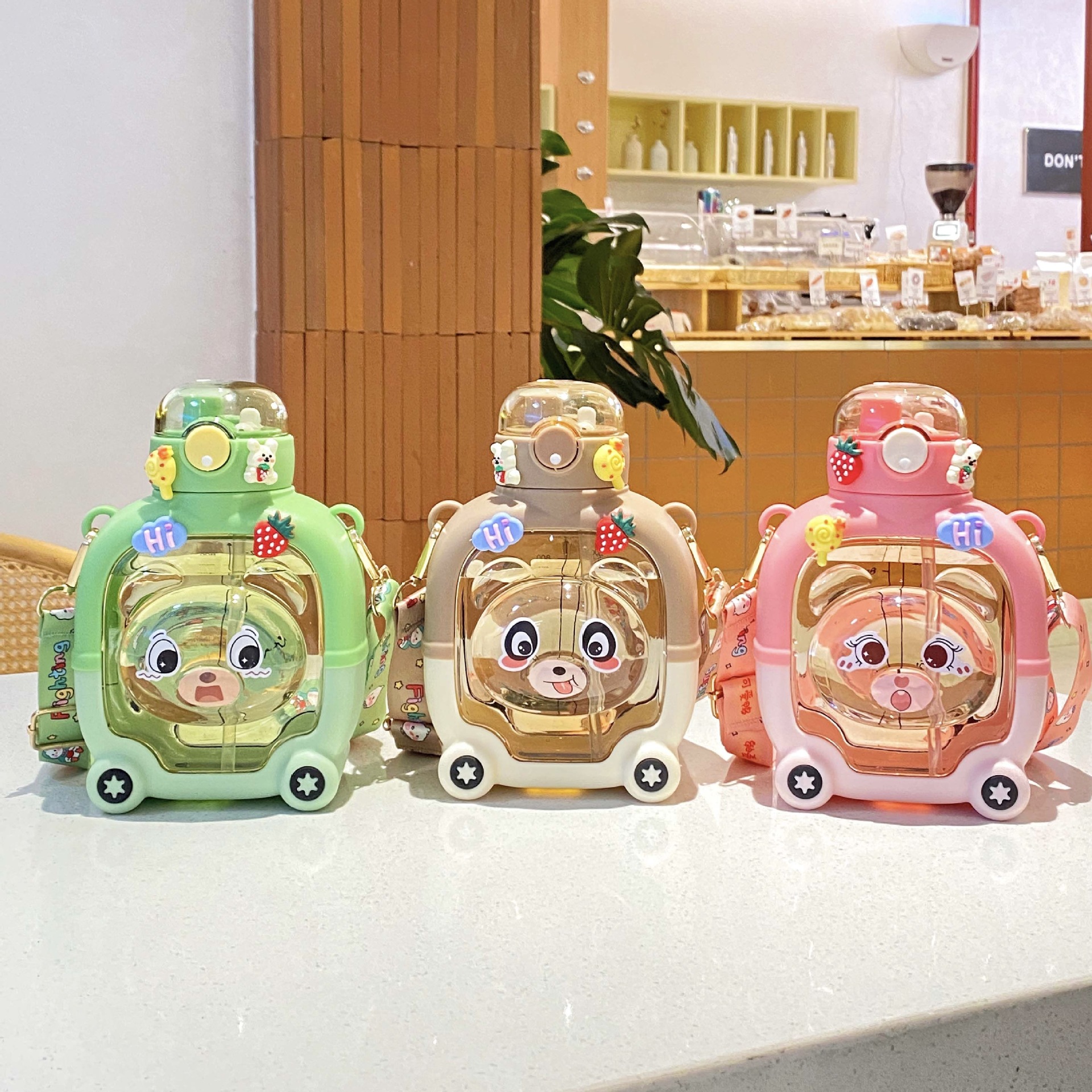 Boshang New Children's Kettle Double Drinking Bear Water Cup Square Drinking Cup 1000ml Kindergarten Cute Carry-on Cup