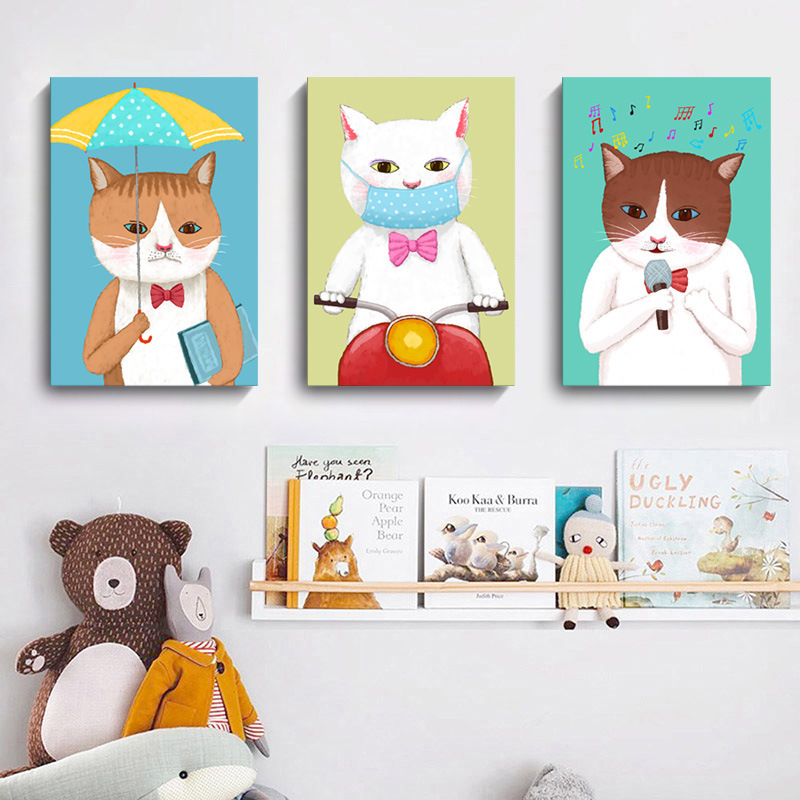 现代简约儿童房装饰画 可爱猫咪创意小动物卡通壁画宝宝卧室挂画