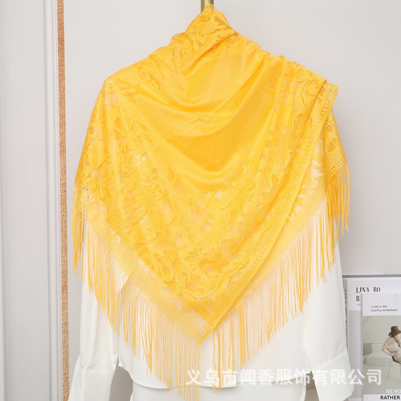 Cross-Border Hot Selling Lace Hollow Tassel Scarf Women Shawl Factory Direct Sales Autumn and Winter Keep Warm Pure Color Scarf Wholesale