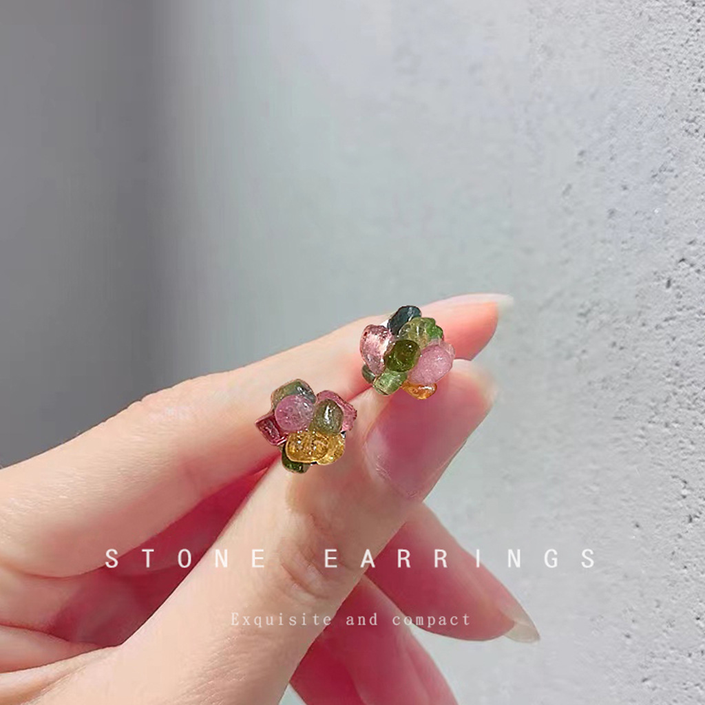 Natural Stone Tourmaline! 925 Silver Needle Mori Style Simple and Fresh Mini Version Sweet Earrings Factory Earrings Earrings