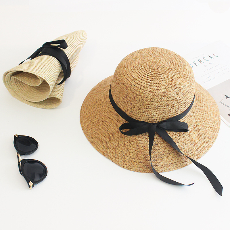 Summer Female Sun Hat Black Ribbon Bow Wide Brim Hat Japanese Adult Bucket Hat Female Sun Protection Folding Sun Hat