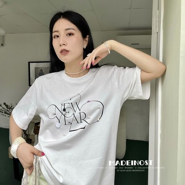 madeinost夏季手工钉珠字母短袖mlb t恤女宽松显瘦圆领休闲上衣