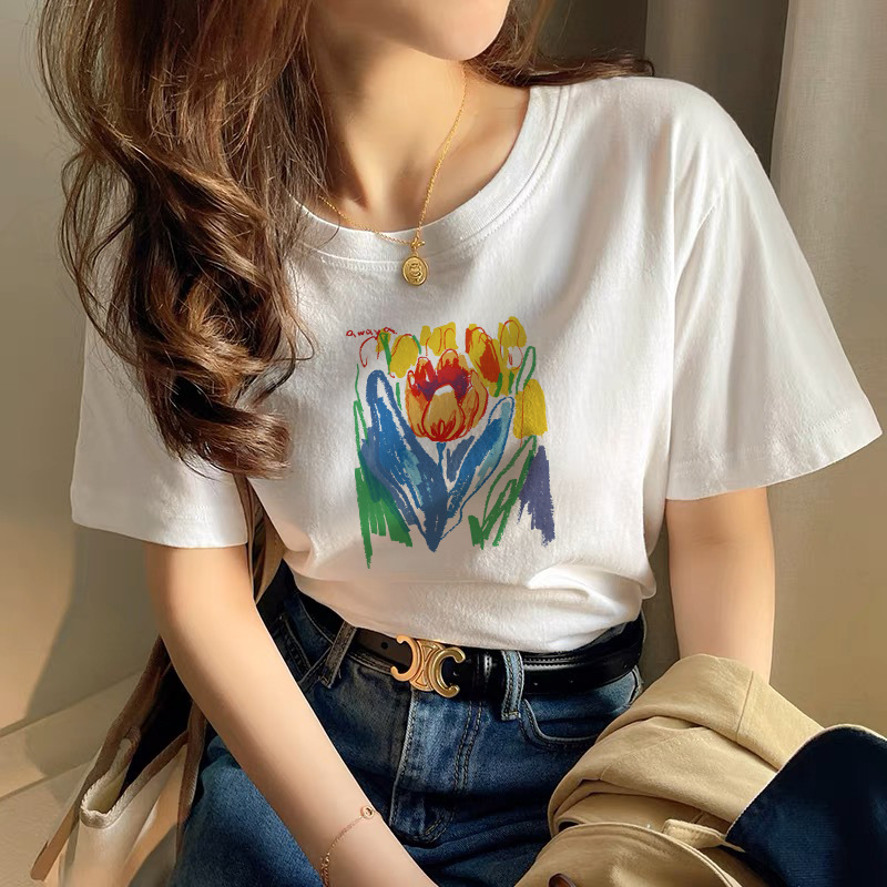 [One Piece Dropshipping] 2024 Summer Heavy Thickening Opaque Pure Cotton Women's Wear Short-Sleeved T-shirt Trendy Loose All-Match Women Clothes