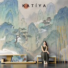 Katiya中式轻奢山水画仙鹤复古电视背景墙壁纸客厅壁画手绘布