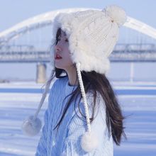 护耳帽白色兔毛冬季雪地毛线帽女护耳毛茸茸雷锋帽保暖帽子毛绒