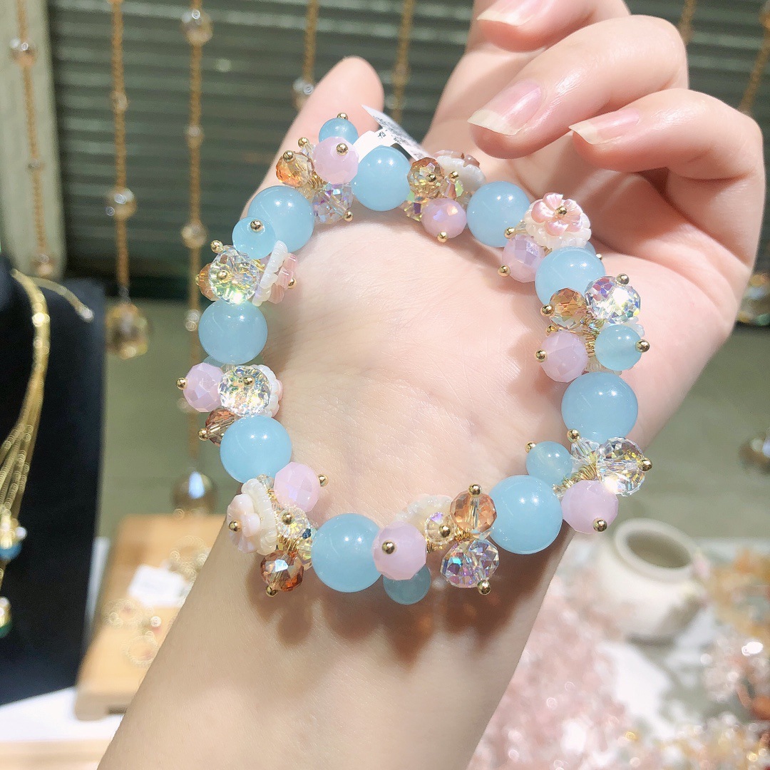 天然红兔毛海蓝宝粉晶花仙子款手链奥地利水晶手串女手工diy饰品