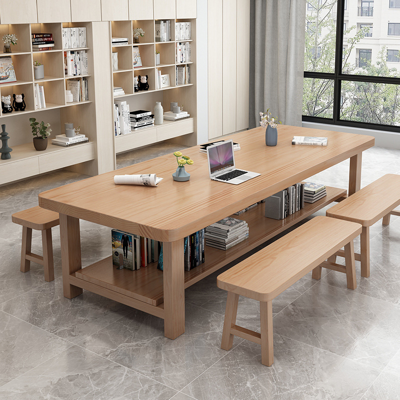 长条书桌双层实木北欧客厅洽谈泡茶桌办公桌书房书法绘画大板桌子
