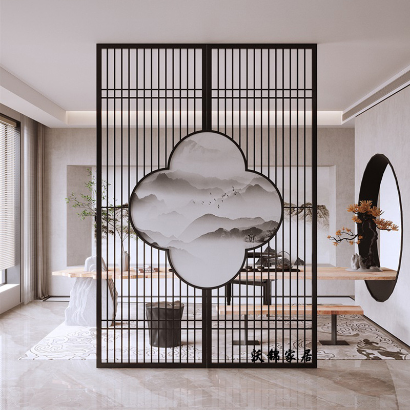 铁艺屏风隔断新中式轻奢入户进门玄关餐厅客厅不锈钢网红隔断装饰