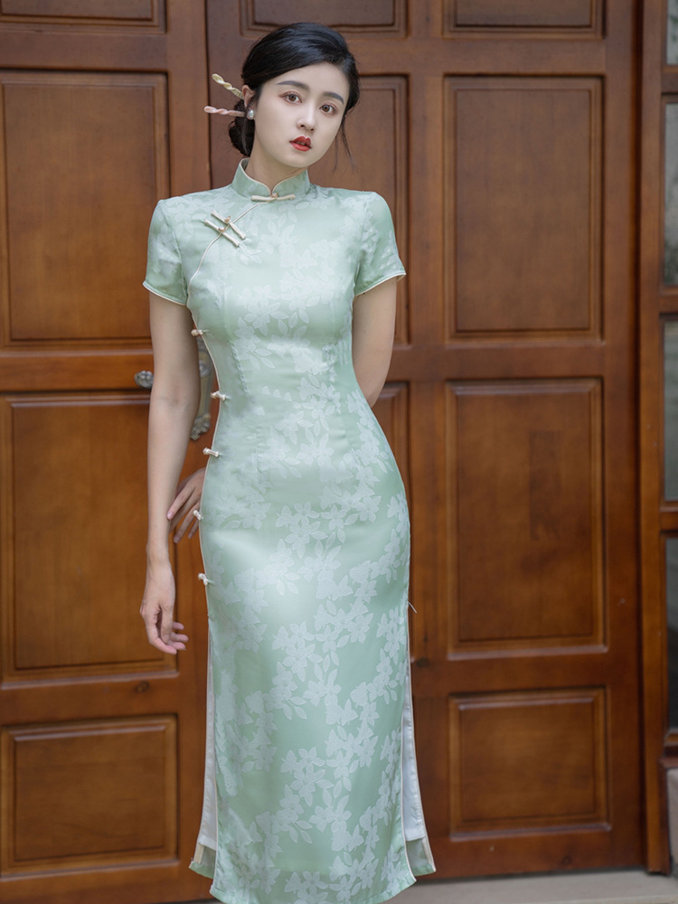 早春新款粉色长款旗袍女2022年改良民国复古气质老上海年轻款