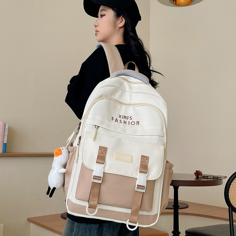 New Contrast Color Schoolbag Women's Large Capacity Fashion All-Match Middle School Students College Style Burden Reduction Ins Style School Bag