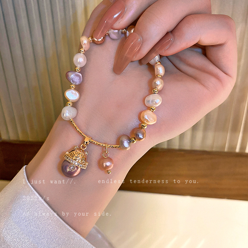 Baroque Freshwater Pearl Zircon Bracelet Design Sense Kitten Head Bracelet Bracelet Online Influencer Fashion Temperament Bracelet for Women