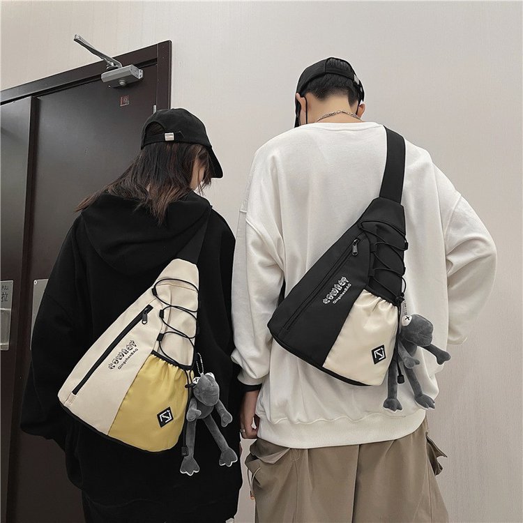 Korean Ins Fashion Tooling Style Contrast Color Drawstring Triangle Unisex Crossbody Bag Japanese Harajuku All-Matching Shoulder Bag