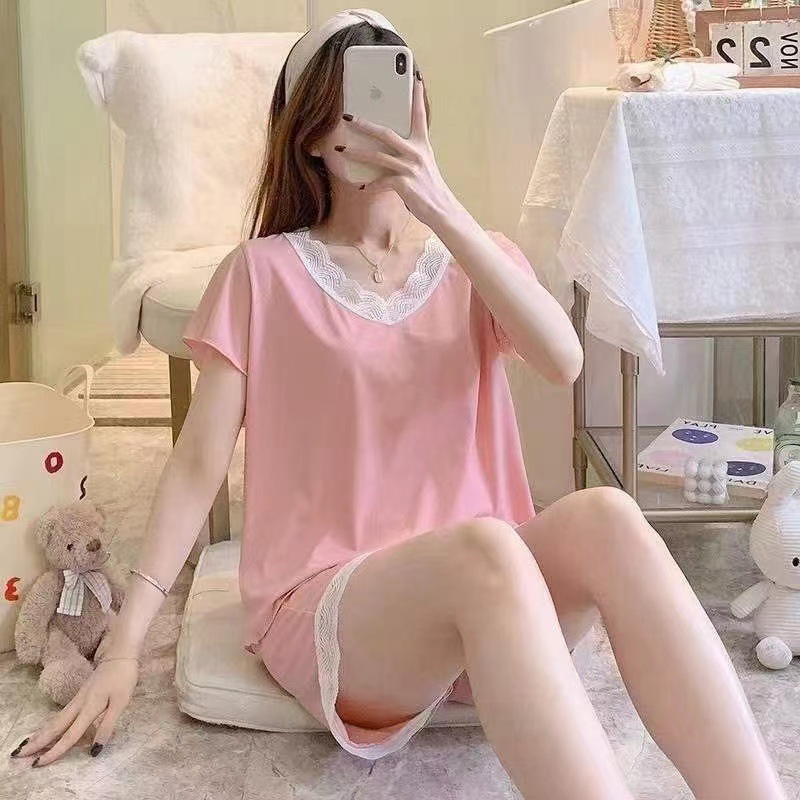Summer Lace Ice Silk Pajamas Women's Short-Sleeved Shorts Two-Piece Set Korean Style Sweet Loose Home Wear Can Be Worn outside