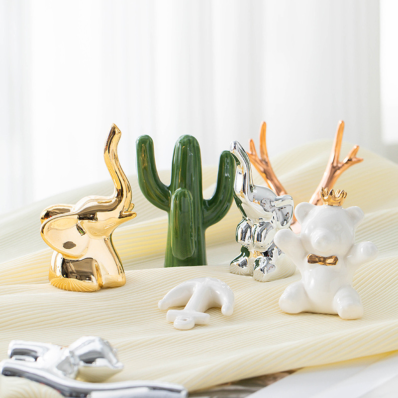 现货跨境北欧款陶瓷创意电镀小动物迷你桌面装饰品金色摆件