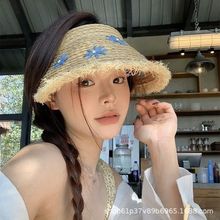 空顶草帽拉菲沙滩度假出游海边帽子防晒太阳帽夏季帽檐大帽檐刺绣