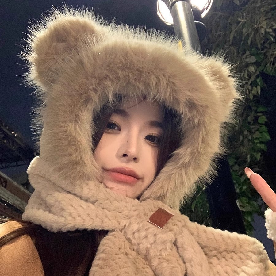 solid color bear hat scarf one-piece hat winter female fresh cute lei feng hat thick warm two-piece suit tide