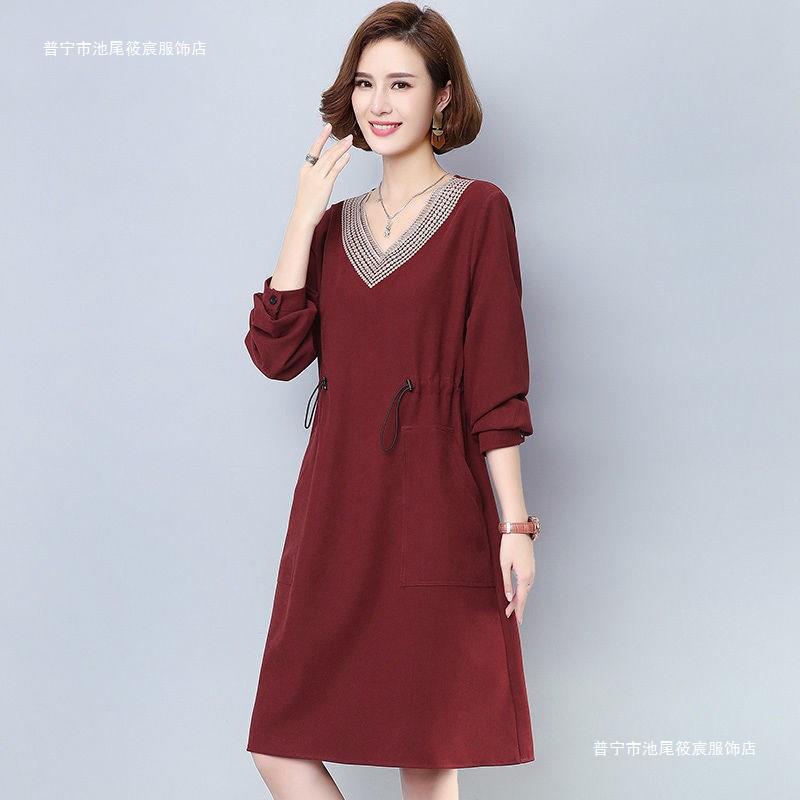 含棉长袖连衣裙女2021春秋新款遮肚大码洋气休闲中长裙子拉绳收腰
