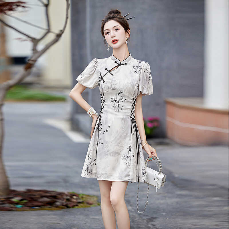 新中式女装改良旗袍连衣裙2024新款夏小个子禅意国风水墨画短裙子