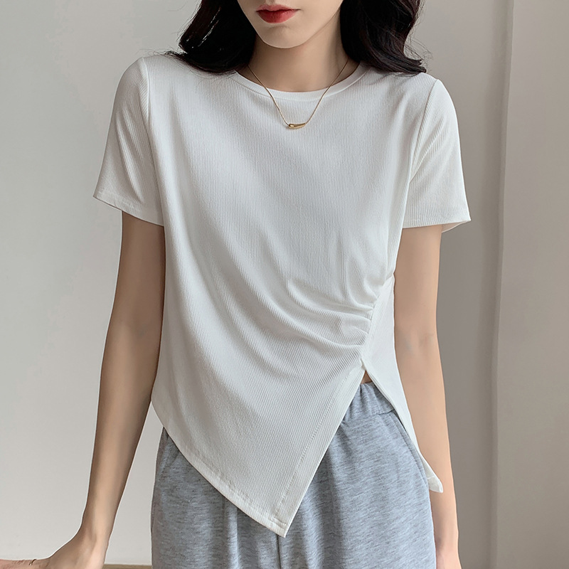 实拍小个子正肩短款不规则短袖t恤女夏季2024新款紧身开叉上衣服