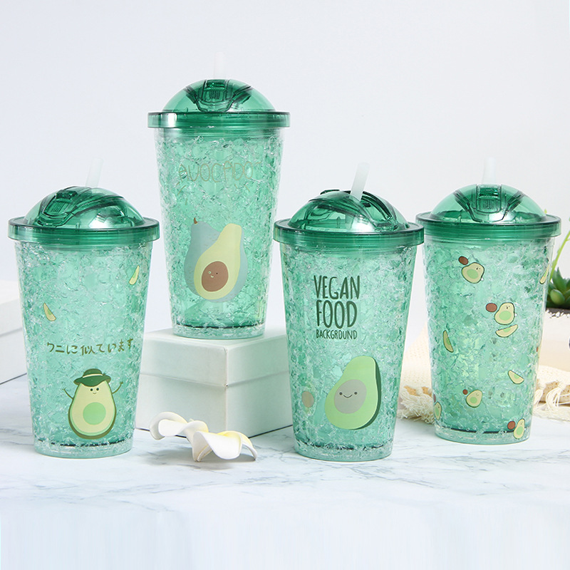 Summer Double Wall Cooling Plastic Cup Fresh Avocado Couple Crushed Ice Cup Straw Milkshake Slide Cover Cup with Straw