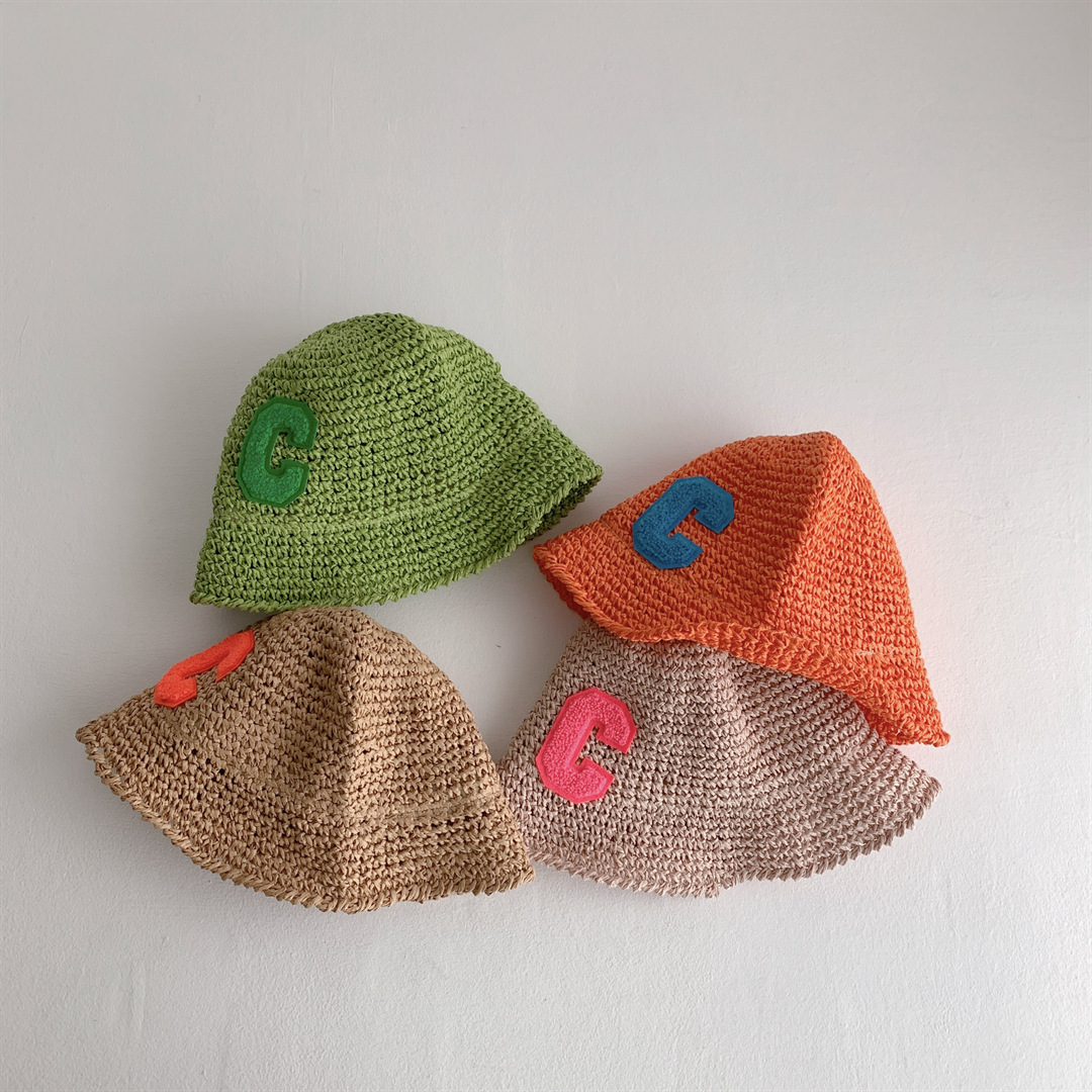 宝宝夏季遮阳防晒帽透气纸草可折叠儿童帽子c 字母男女童可爱草帽