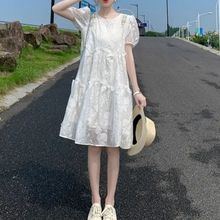 重工大码钉钻泡泡袖白色连衣裙夏法式甜美仙女宽松显瘦高腰娃娃裙