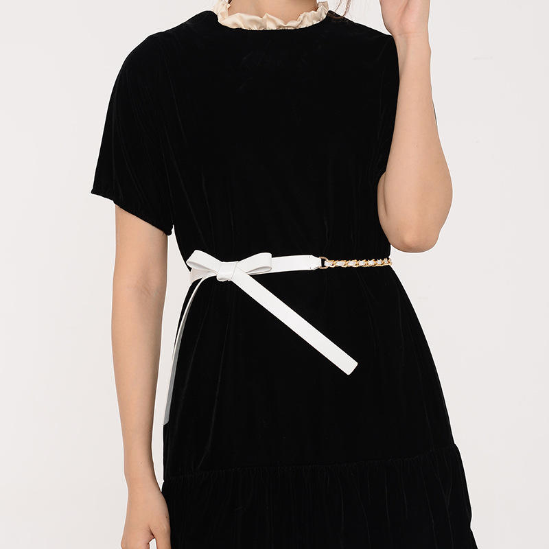 2021设计款拼带腰带女2.0款羊皮时尚蝴蝶结扣女士皮带配裙子腰链