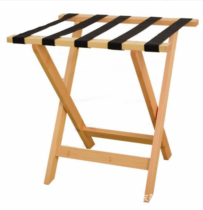 工厂供应 原木色黑色织带实木行李架 简易型酒店客房实木行李架