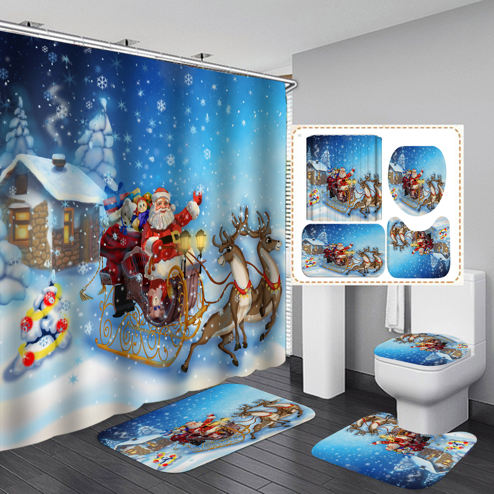 Cross-Border Direct Sales Christmas Shower Curtain Set Series Waterproof Punch-Free Partition Curtain Bath Curtain Hotel Rain Curtain