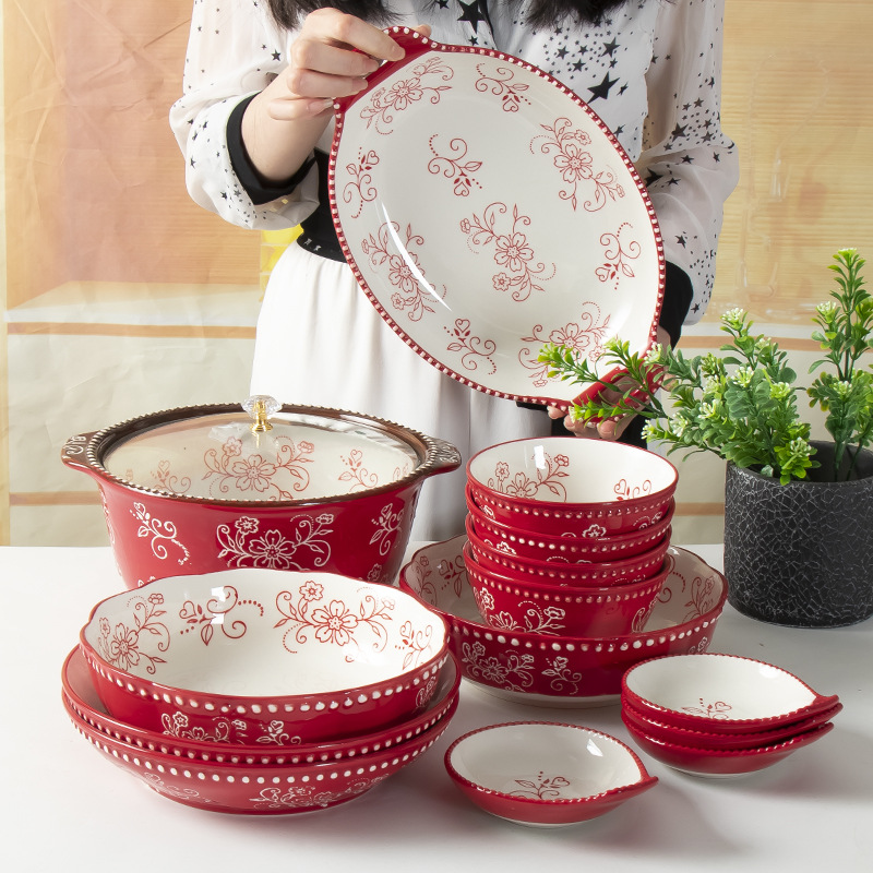 （red hook flower） household ceramic tableware ins style rice bowl high temperature underglaze color flower bowl good-looking disc