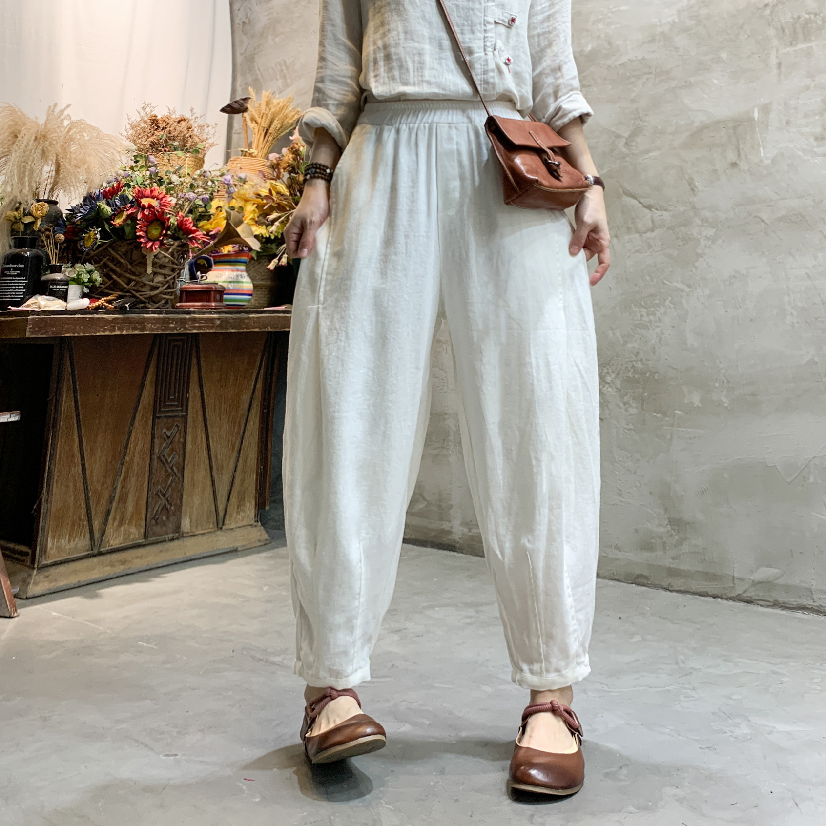 2022年春秋季亚麻女式灯笼裤森女系纯色收腰女九分裤休闲裤子大码