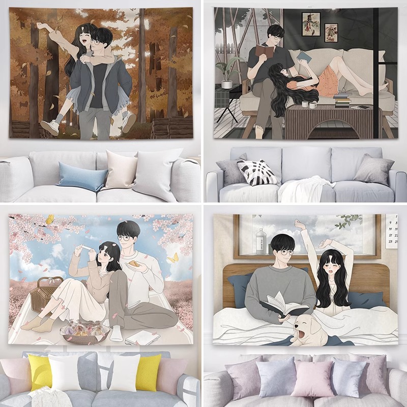 韩国情侣插画背景布网红挂布房间卧室床头布置墙布装饰ins挂毯