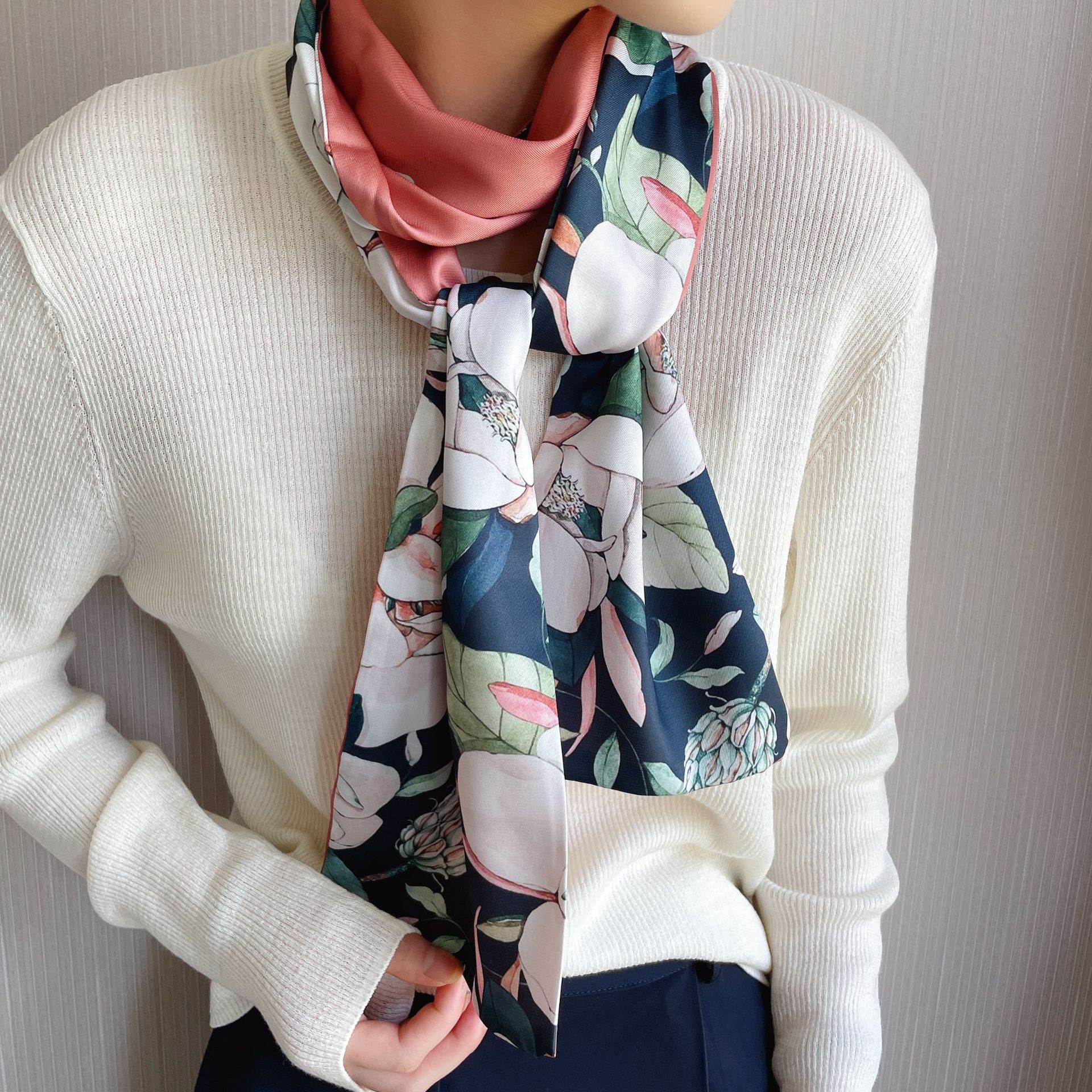 Women's Silk Scarf Small Square Towel New Korean Style Artistic Duplex Printing Long Small Silk Scarf Floral Twill Scarf Wholesale