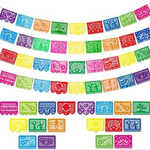 墨西哥派对方形剪纸塑料拉花 亡灵节塑料拉旗 狂欢派对塑料彩旗厂