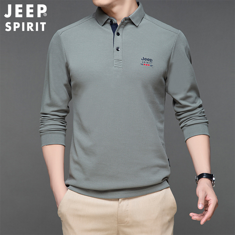 jeep spirit新款男士长袖polo衫翻领宽松透气大码男款休闲t恤衫