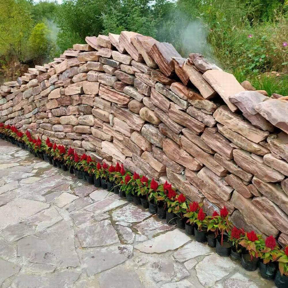 红色垒墙石粉红色砌墙石不规则浆砌石片墙面毛石块石