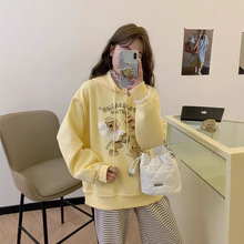 春秋季学院风减龄宽松拼接蕾丝休闲卡通印花可爱女潮连帽卫衣1001