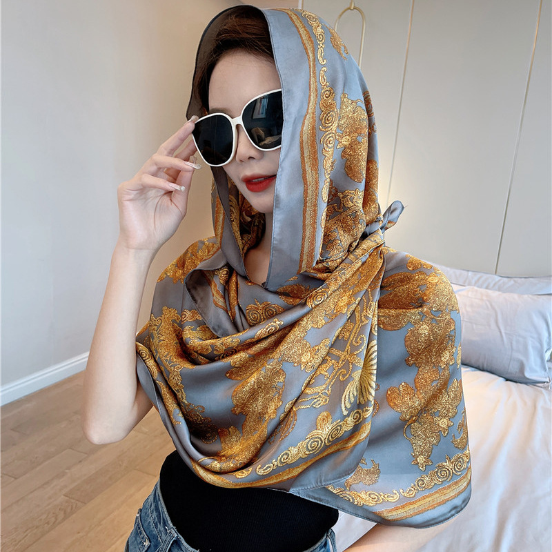 spring and summer new sunscreen sun-proof hooded shawl western style all-matching printed tape magnetic snap satin scarf scarf