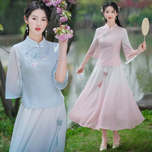 新中式棉麻绣花七分袖唐装上衣+长裙禅服采耳服中国风套装女夏季