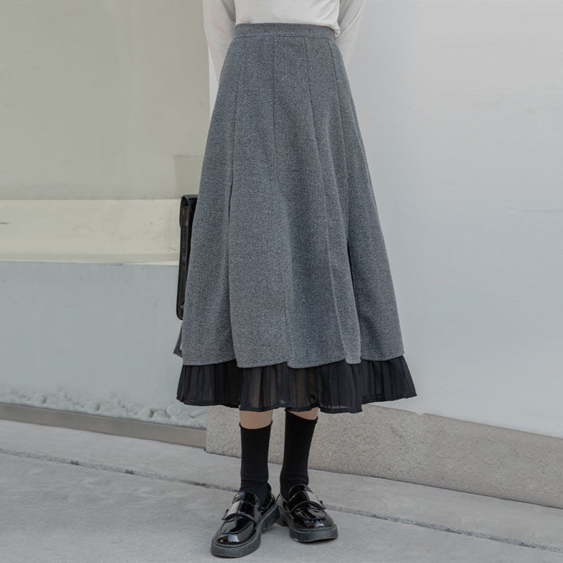 allo女装毛呢裙子灰色半身裙女秋冬中长款a字大摆长裙加厚呢子裙