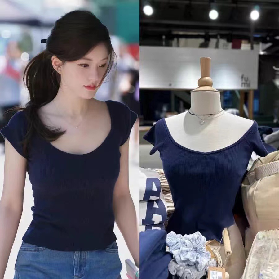 brandy bm赵露思同款一字上衣甜辣t恤bm短袖紧身大领口高腰v领潮