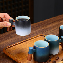陶瓷茶杯品茗杯单杯创意木柄复古粗陶功夫茶具主人杯浓缩咖啡杯子