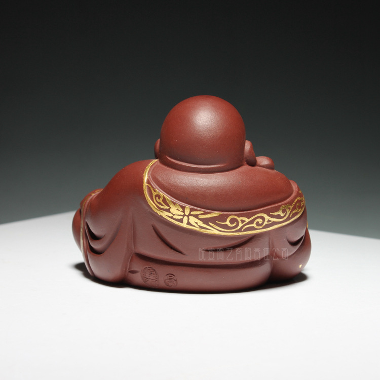 名家正品 宜兴紫砂茶宠 雕塑 摆件 高顺忠 描金弥勒佛 手工精品