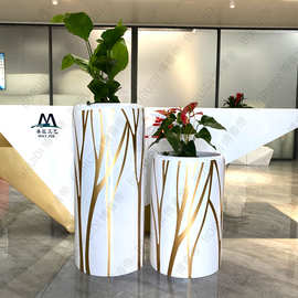 玻璃钢圆柱彩绘纹路花盆商场酒店会所圆形组合线体美陈绿植花器