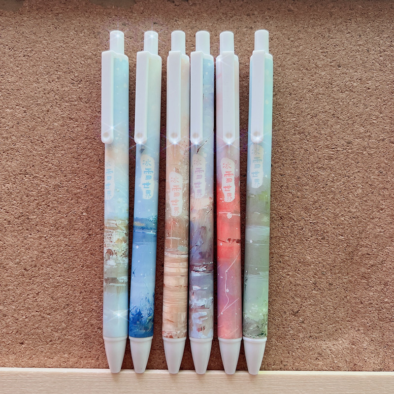 油画系按动笔高颜值唯美风景画按压笔学生签字笔0.