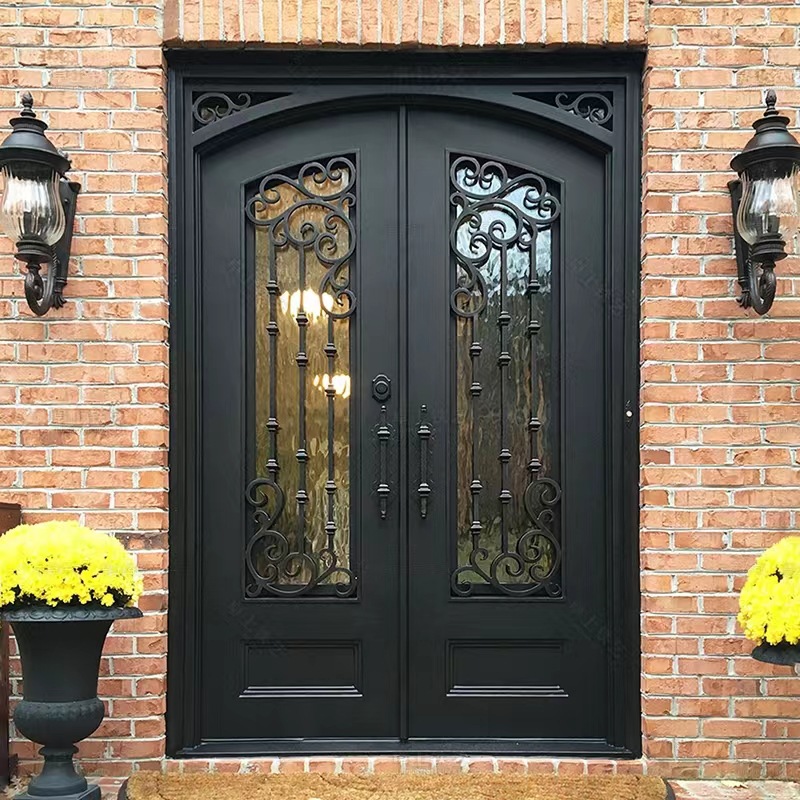 厂家生产锻造铁艺门入户门欧式钢化玻璃入户门别墅大门防盗门铁门