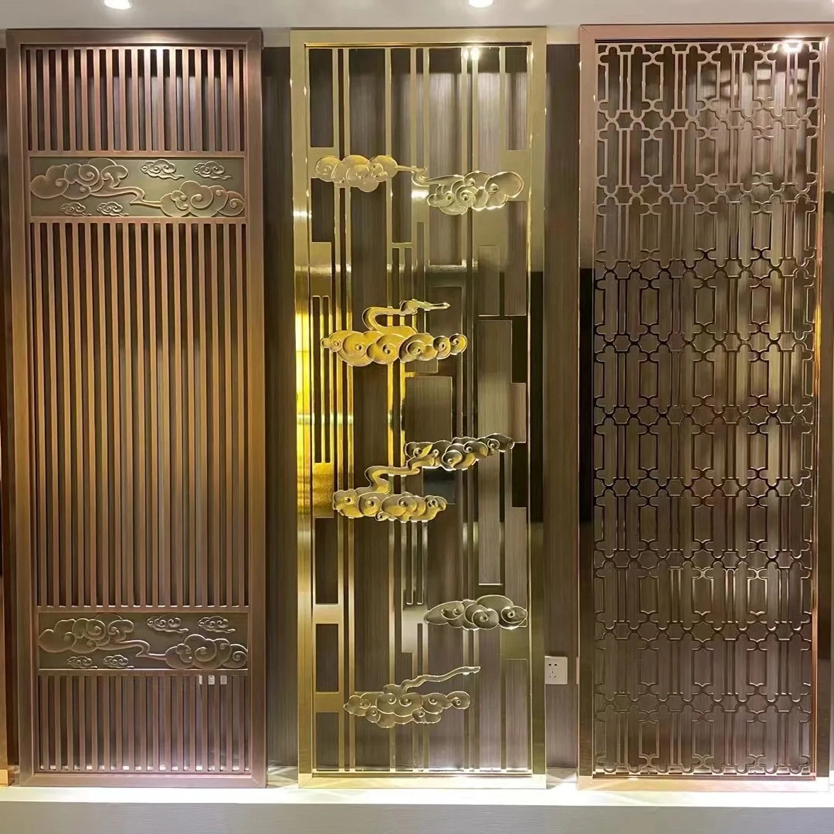酒店新中式不锈钢屏风铝雕隔断装饰铝板雕刻屏风浮雕金属玄关花格