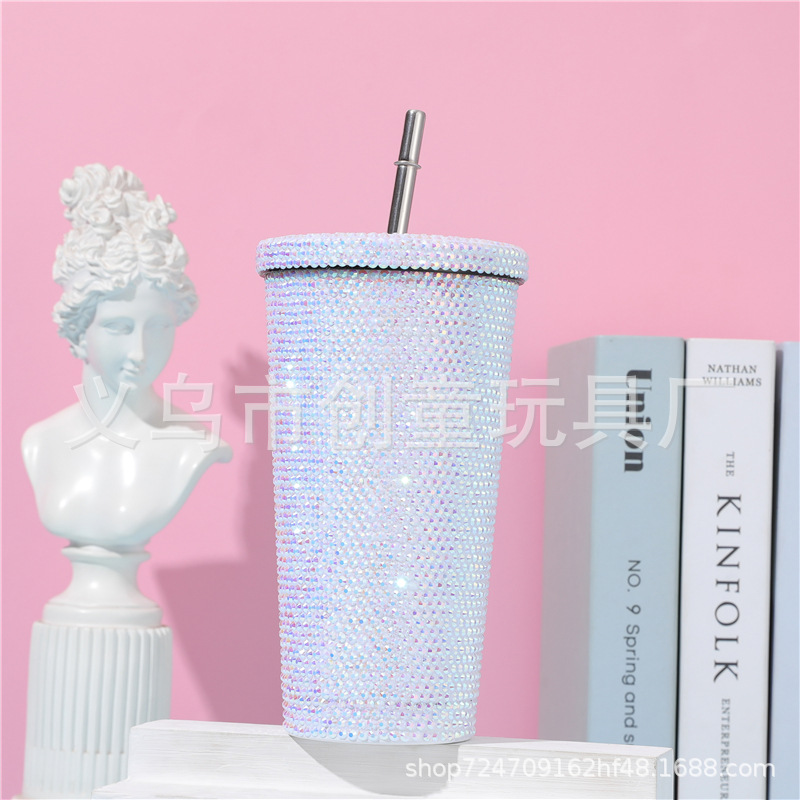 Internet Celebrity Diamond-Embedded Vacuum Cup Double-Layer Stainless Steel Cup with Straw Stick-on Crystals Rhinestone Coffee Cup Gift Cup Diamond-Embedded Drink Cup