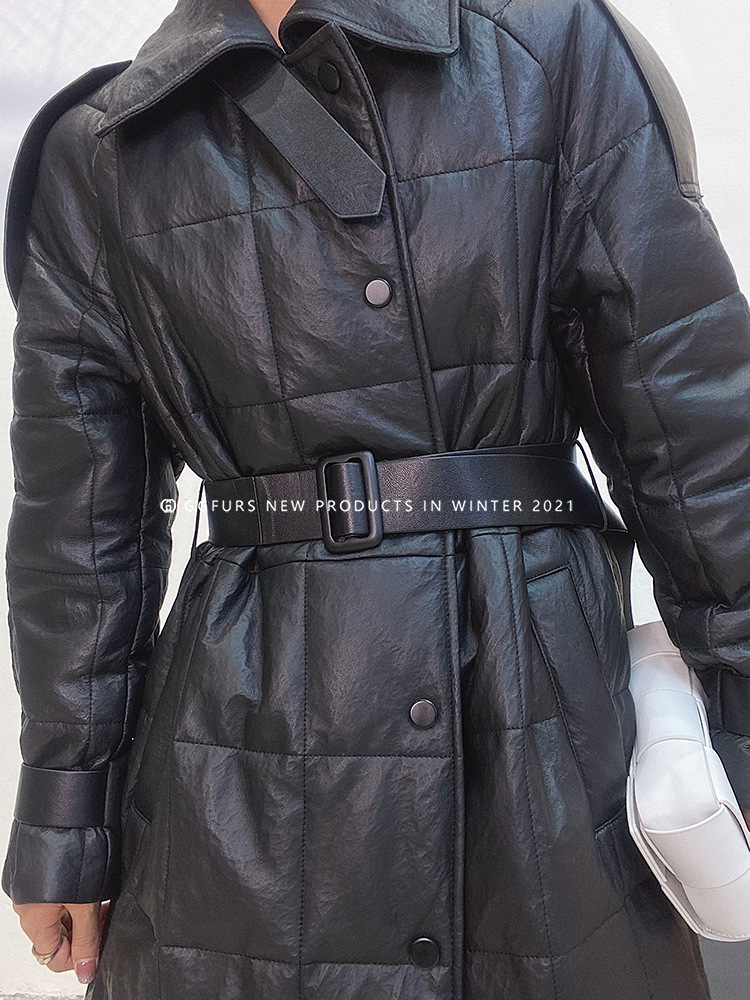 冬季加长绵羊皮石纹肌理90鸭绒羊皮羽绒服修身羊皮外套女